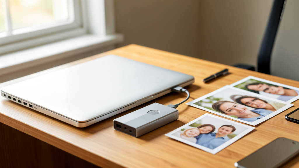 Laptop connected to an external backup drive with family photos on a desk