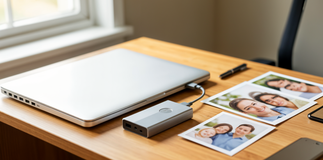 Laptop connected to an external backup drive with family photos on a desk