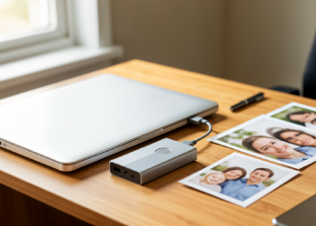 Laptop connected to an external backup drive with family photos on a desk